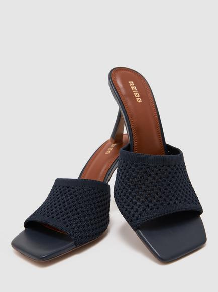 Reiss Briony Knitted Kitten Heel Mules, Navy - view 2, Navy