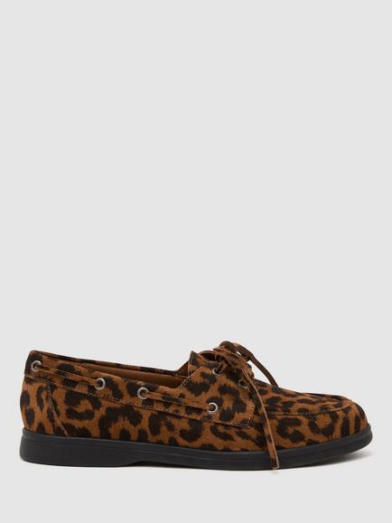 Reiss Lola Suede Animal Print Boat Shoes, Brown, Brown