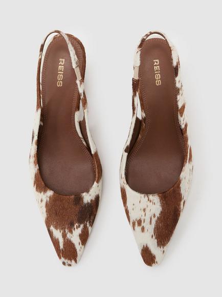Reiss Lorena Slingback Cow Print Court Shoes, Brown - view 2, Brown