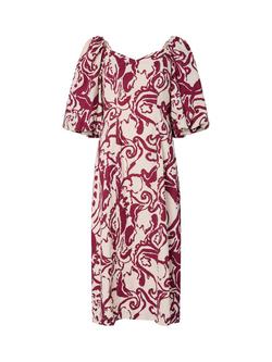 YAS Fleur Floral Print Cotton Short Sleeve Midi Dress, Cream/Red, Cream/Red