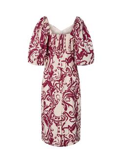 YAS Fleur Floral Print Cotton Short Sleeve Midi Dress, Cream/Red - view 2, Cream/Red