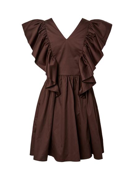 YAS Magly Ruched V-Neck Sleeveless Ruffle Shoulder Cotton Mini Dress, Brown - view 2, Brown
