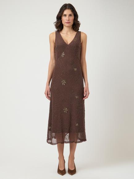 YAS Nura Sleeveless Beaded Midi Slip Dress, Brown, Brown