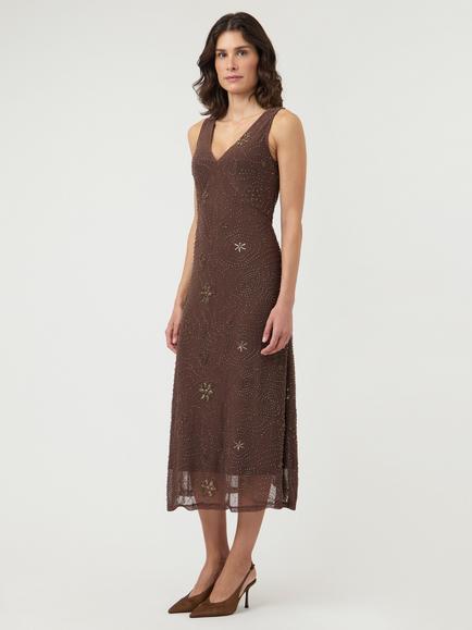 YAS Nura Sleeveless Beaded Midi Slip Dress, Brown - view 2, Brown
