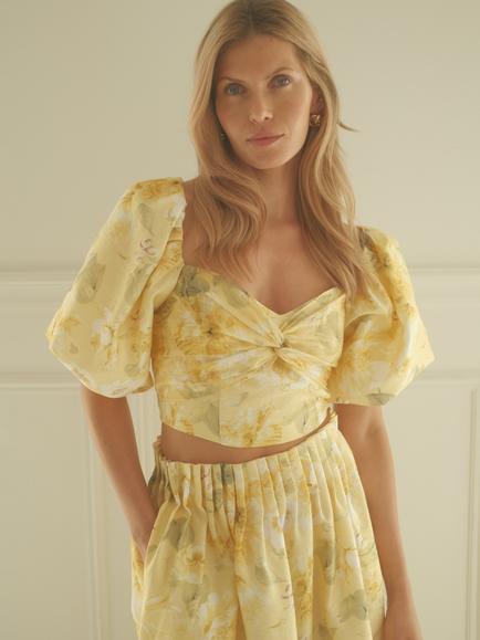 YAS Lemon Floral Puff Sleeve Crop Top, Yellow, Yellow