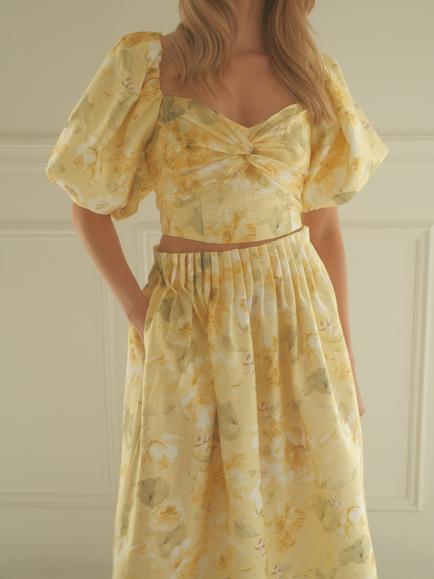 YAS Lemon Floral Puff Sleeve Crop Top, Yellow - view 2, Yellow
