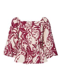 YAS Fleur Floral Print Cotton 3/4 Sleeve Top, Cream/Red, Cream/Red