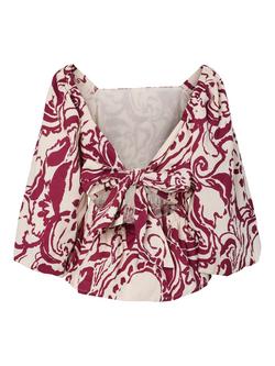 YAS Fleur Floral Print Cotton 3/4 Sleeve Top, Cream/Red - view 2, Cream/Red