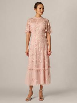 Adrianna Papell Petite Ruffle Trim Bead Mesh Dress, Blush Whisper, Blush Whisper