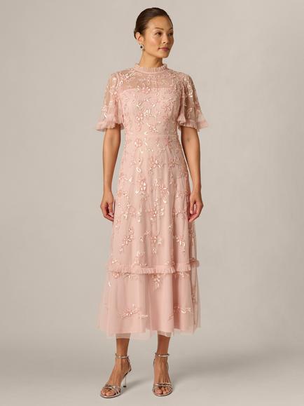 Adrianna Papell Petite Ruffle Trim Bead Mesh Dress, Blush Whisper, Blush Whisper