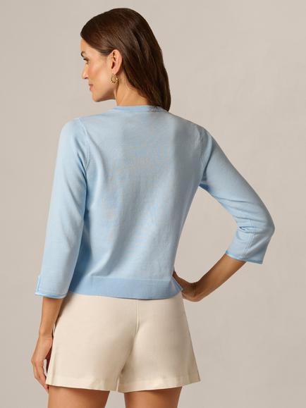 Adrianna Papell Crew Neck Embroidered Floral Cardigan, Light Sky - view 2, Light Sky