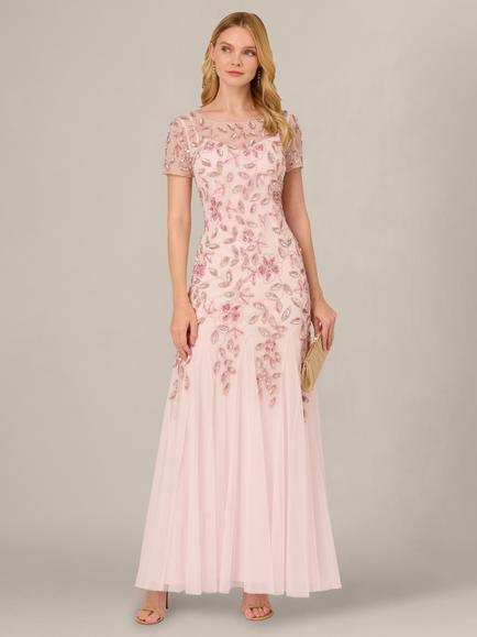 Adrianna Papell Floral Beaded Godet Maxi Dress, Blush Pink, Blush Pink