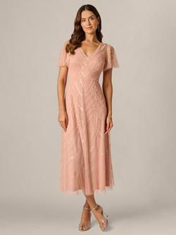 Adrianna Papell Studio Floral Beaded Midi Dress, Coral Coast, Coral Coast