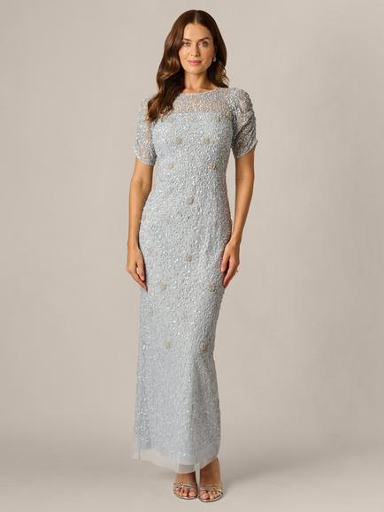 Adrianna Papell Elbow Sleeve Beaded Maxi Dress, Glacier, Glacier