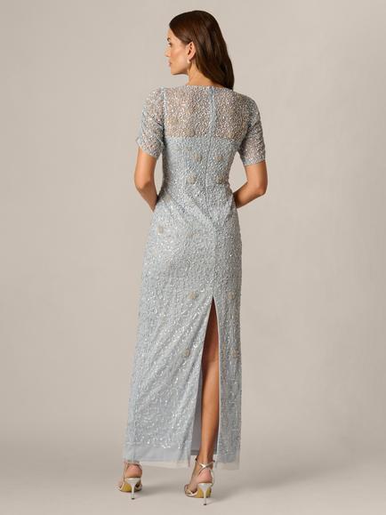 Adrianna Papell Elbow Sleeve Beaded Maxi Dress, Glacier - view 2, Glacier