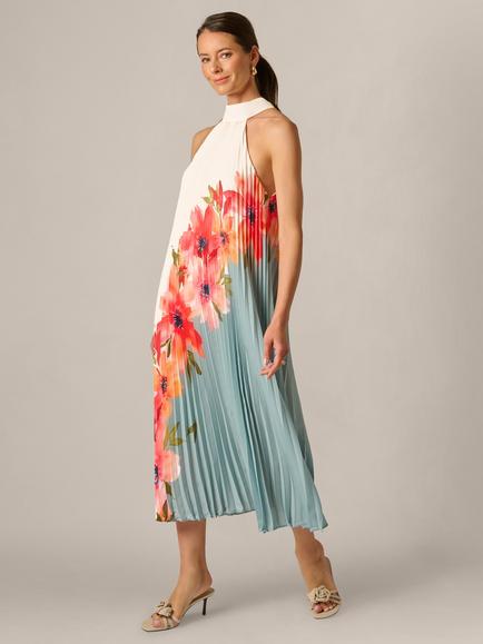 Adrianna Papell Floral Pleated Chiffon Dress, Blue/Multi, Blue/Multi