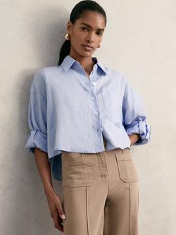 Reiss Solena Cropped Pure Linen Shirt, Blue, Blue