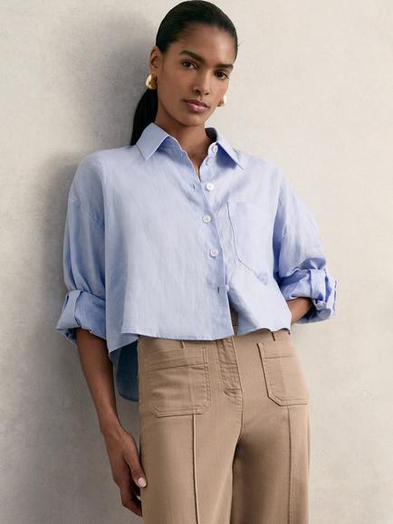 Reiss Solena Cropped Pure Linen Shirt, Blue, Blue
