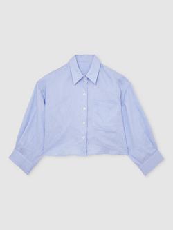 Reiss Solena Cropped Pure Linen Shirt, Blue - view 2, Blue