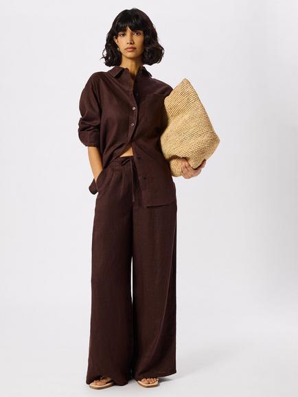 Whistles Wide Leg Pure Linen Trousers, Brown - view 2, Brown