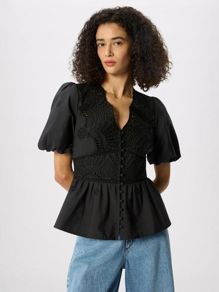 Whistles Cotton Broderie V Neck Blouse, Black, Black