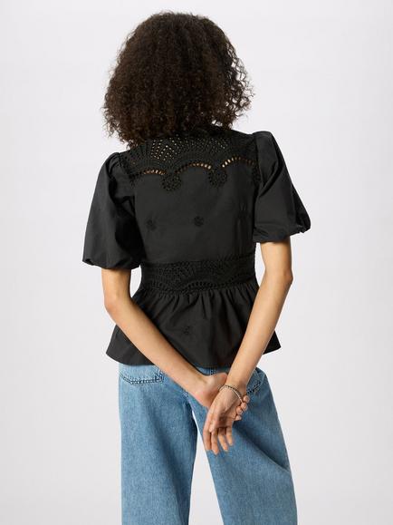 Whistles Cotton Broderie V Neck Blouse, Black - view 2, Black