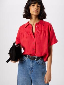 Whistles Gathered Pure Linen Short Sleeve Shirt, Red, Red