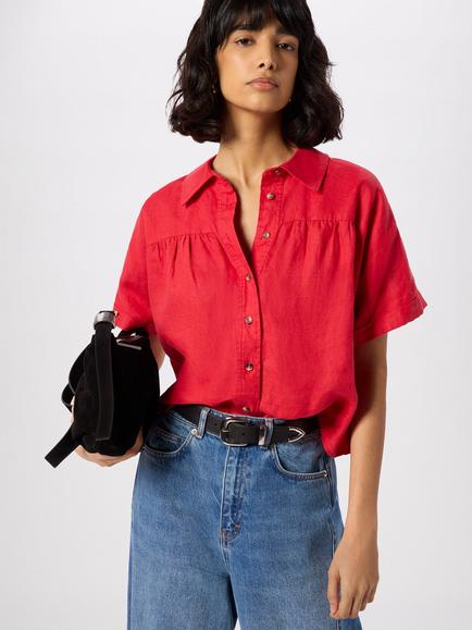 Whistles Gathered Pure Linen Short Sleeve Shirt, Red, Red