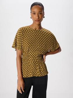 Whistles Ikat Spot Shirred Blouse containing LENZING™ ECOVERO™ Viscose, Khaki/Multi