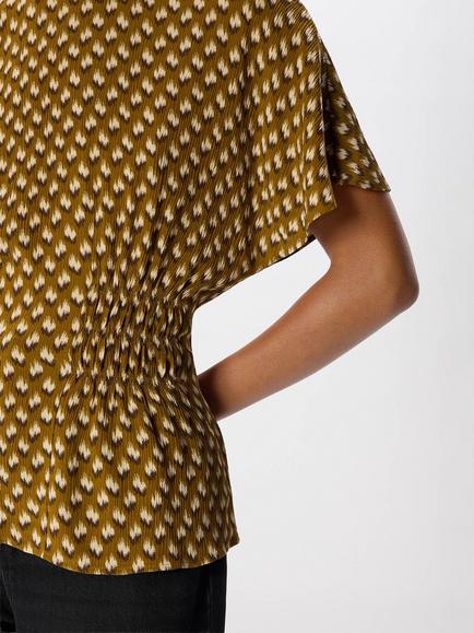Whistles Ikat Spot Shirred Blouse containing LENZING™ ECOVERO™ Viscose - view 2, Khaki/Multi