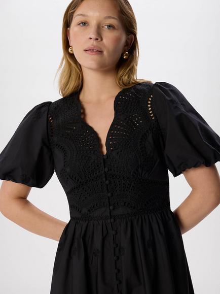 Whistles Cotton Broderie V Neck Midi Dress - view 2, Black