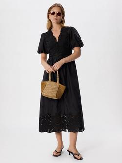 Whistles Petite Cotton Broderie Fit and Flare Midi Dress, Black, Black