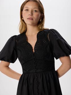 Whistles Petite Cotton Broderie Fit and Flare Midi Dress, Black - view 2, Black