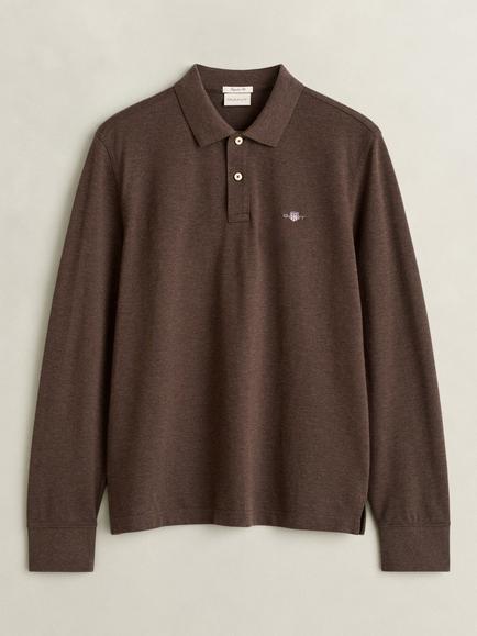 GANT Cotton Pique Shield Logo Rugby Top, Black Brown Melange, Black Brown Melange