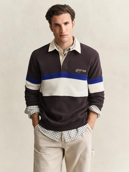 GANT Heavyweight Cotton Blend Stripe Rugby Top, Charred Wood Brown, Charred Wood Brown