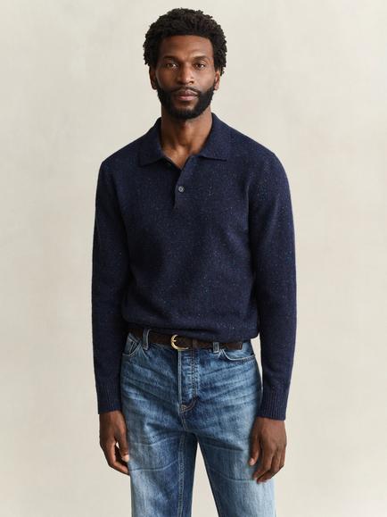 GANT Long Sleeve Wool Blend Polo Shirt, Evening Blue, Evening Blue