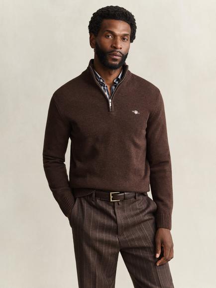 GANT Half Zip Cotton Jumper, Black Brown Melange, Black Brown Melange
