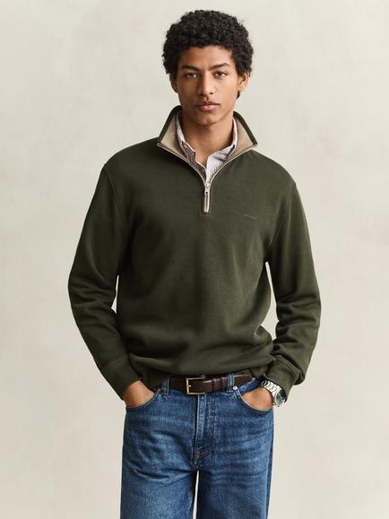 GANT Cotton Zip Neck Long Sleeve Polo Top, Dark Moss Green, Dark Moss Green