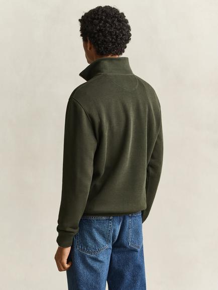 GANT Cotton Zip Neck Long Sleeve Polo Top, Dark Moss Green - view 2, Dark Moss Green