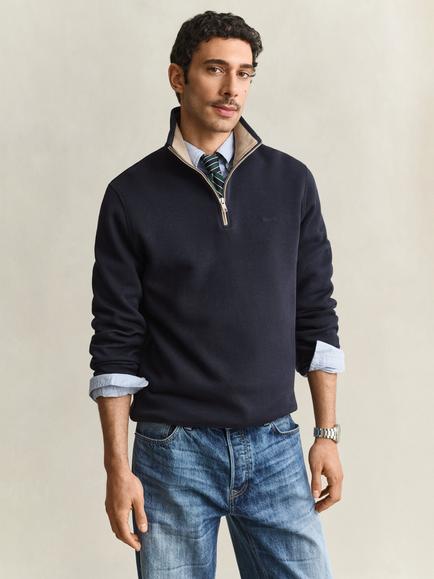 GANT Cotton Zip Neck Long Sleeve Polo Top, Evening Blue, Evening Blue