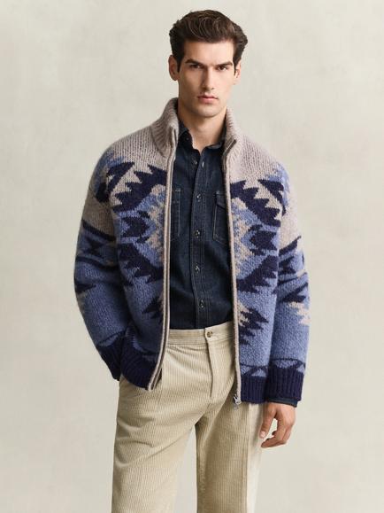 GANT Wool Blend Jacquard Zip Cardigan, Blue Horizon, Blue Horizon