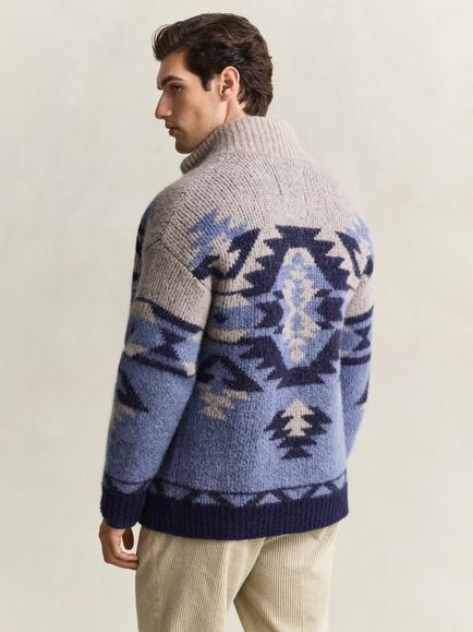 GANT Wool Blend Jacquard Zip Cardigan, Blue Horizon - view 2, Blue Horizon