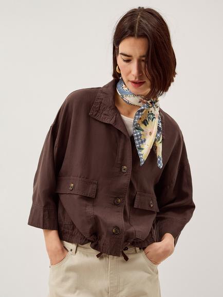Monsoon Marie Funnel Neck Linen Blend Jacket, Chocolate, Chocolate