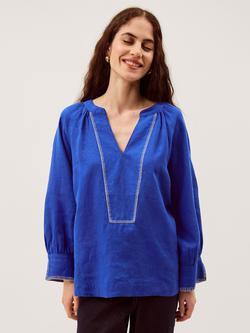 Monsoon Frida V-Neck Linen Blouse, Cobalt, Cobalt
