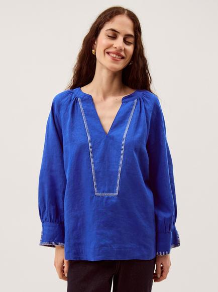 Monsoon Frida V-Neck Linen Blouse, Cobalt, Cobalt