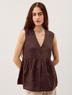 Monsoon Posey Button Detail Pure Linen Top, Dark Brown, Dark Brown
