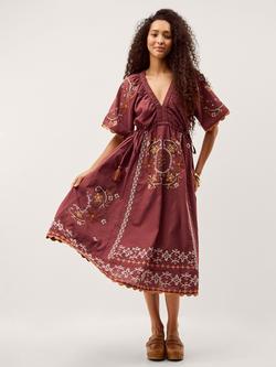 Monsoon Greta Floral Embroidered Midi Dress, Brown, Brown