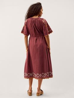 Monsoon Greta Floral Embroidered Midi Dress, Brown - view 2, Brown