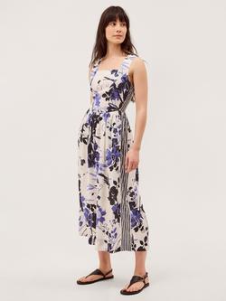 Monsoon Nicolette Floral Linen Blend Midi Dress, Blue/Multi, Blue/Multi