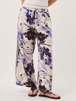 Monsoon Nicolette Floral Linen Blend Wide Leg Trousers, Blue, Blue